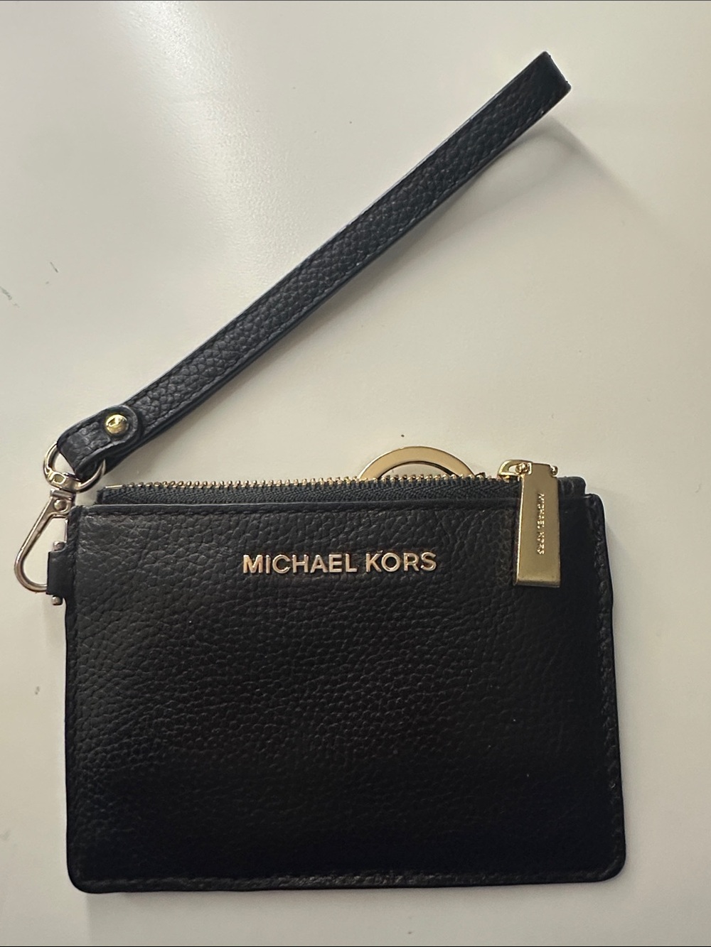 Michael Kors Black Leather Wristlet Card Case with Gold Logo